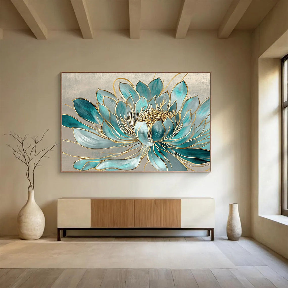 Blue Gold Lotus - Ornate Floral Abstract Painting DYP015
