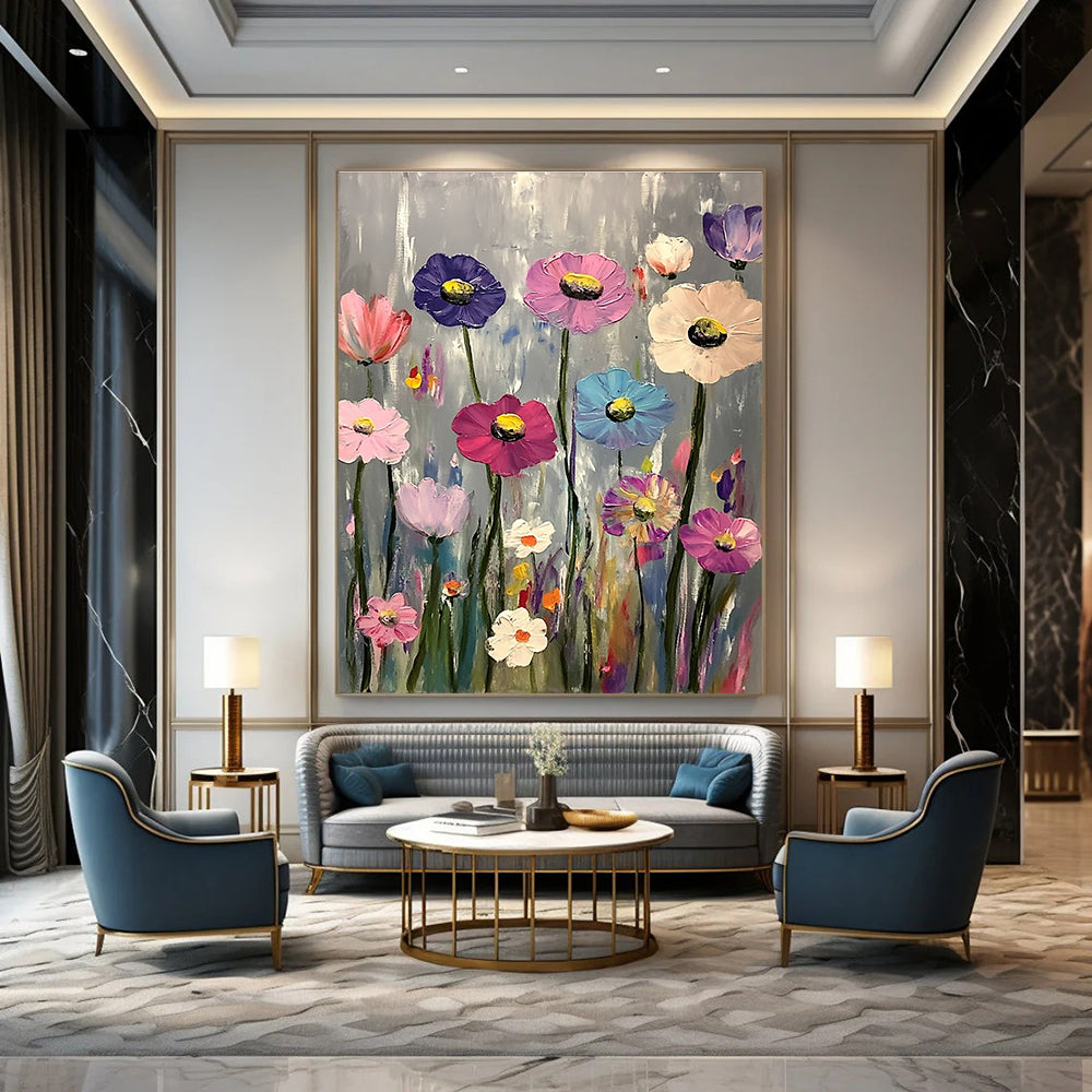 A large abstract painting featuring vibrant pink purple blue and white flowers against a gray background in the style of Claude Monet.STSC1033