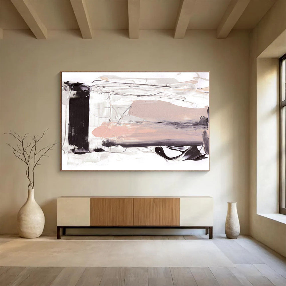 Neutral Tone Abstract Painting with Black, White, and Beige THY143