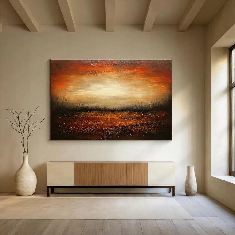 Dark Sunset Field Abstract Painting with Warm Oranges and Browns DYP246