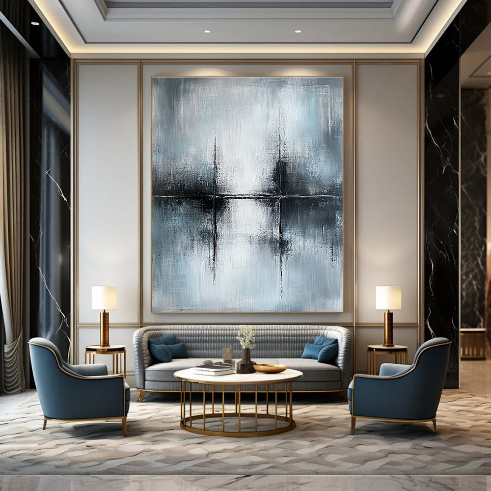 Large abstract painting in gray and white, featuring canvas texture and ultra-realistic oil paint details for a striking visual impact.STSC070