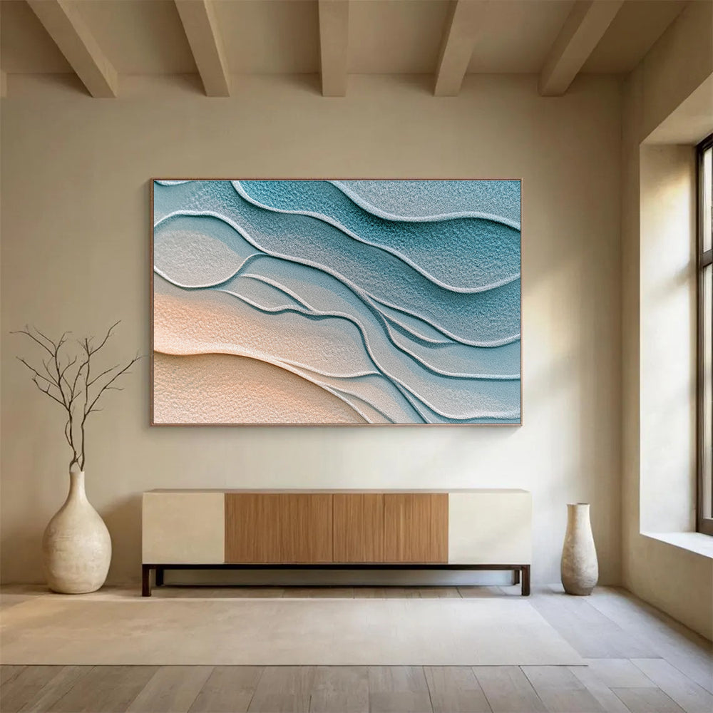 This abstract painting portrays textured Martian sand in soft light blue and gray hues, creating a serene and tranquil atmosphere with gentle ripples.SC452