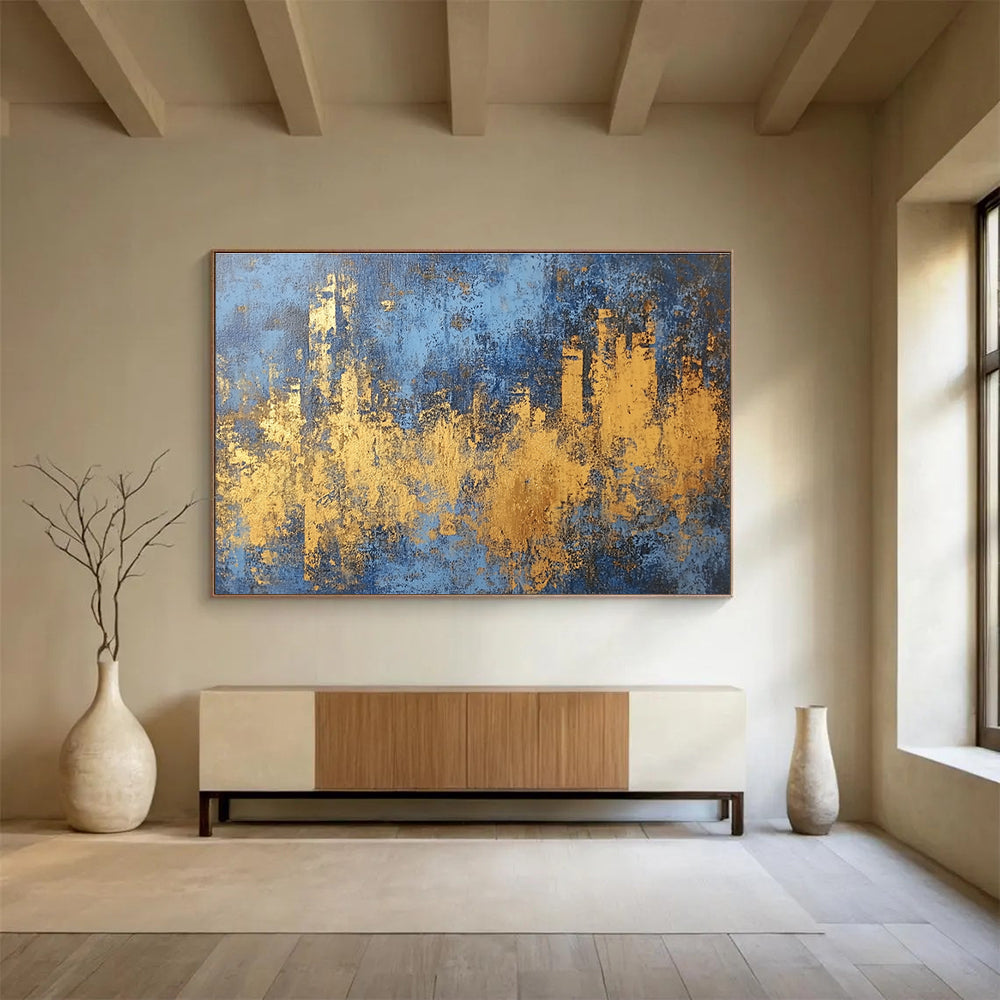 Blue and Gold Cityscape Abstract Painting with Distressed Textures DYP313