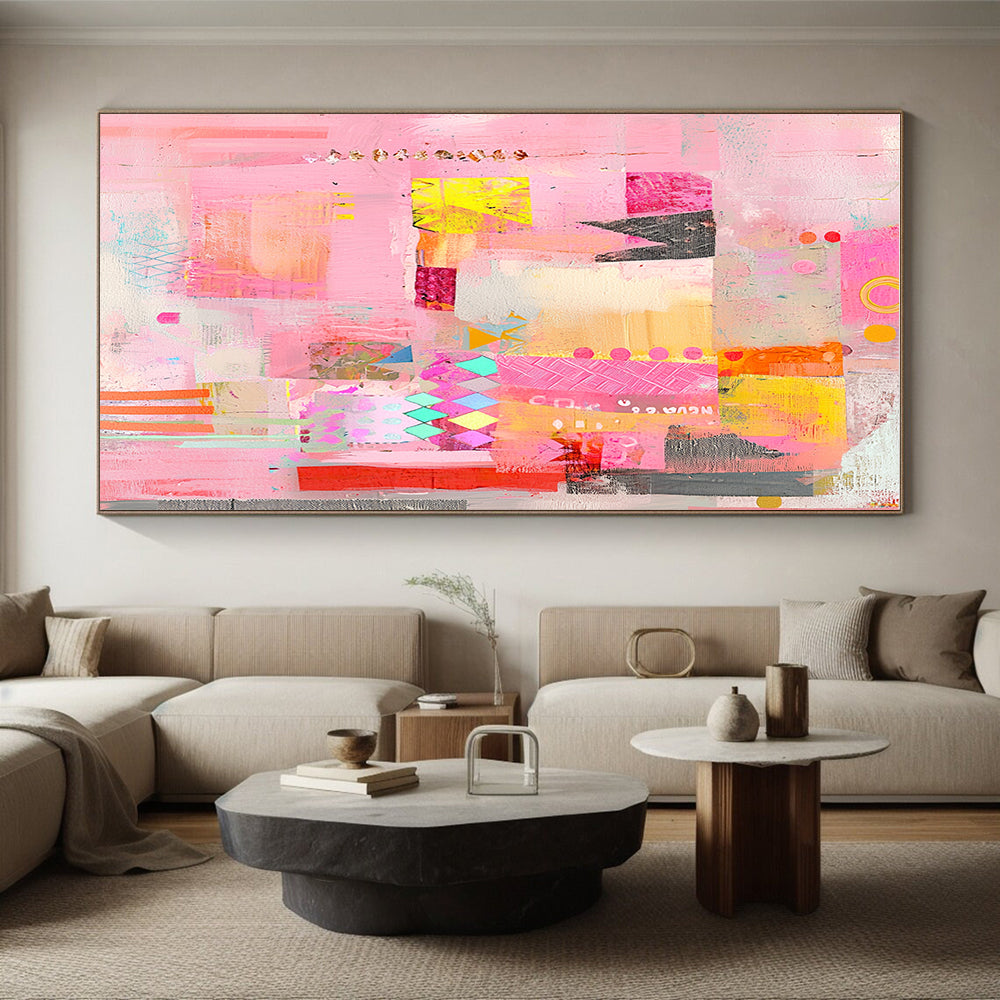 Pink and Colorful Mixed Media Abstract Collage Painting GER200