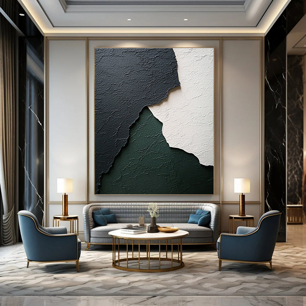 Abstract art featuring textured black white and green paper with subtle gray and emerald tones and a wave-like shape enhancing its worn appearance.STSC1281
