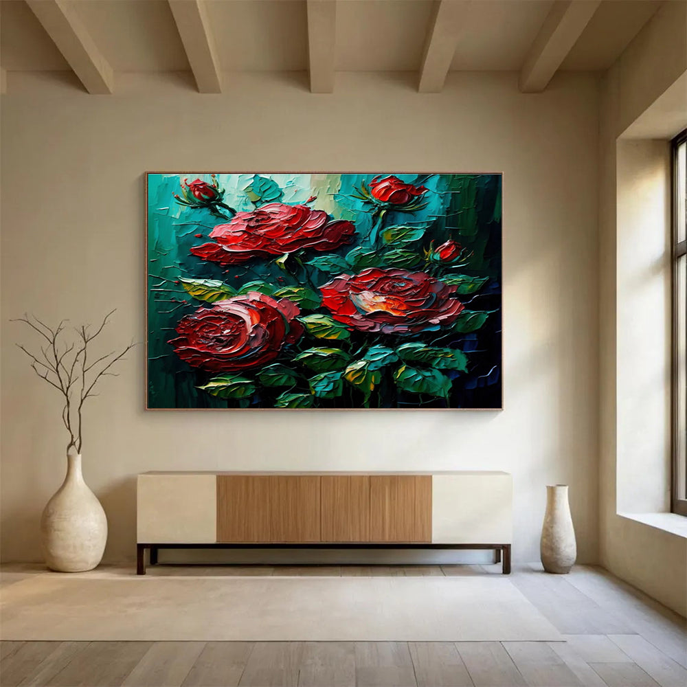 Red Rose Texture Abstract Painting with Deep Greens and Reds THY306