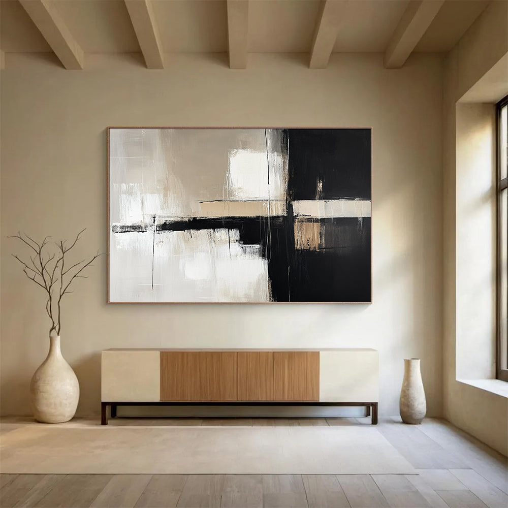 Monochrome Geometry Abstract Painting with Contrasting Blocks DYP388