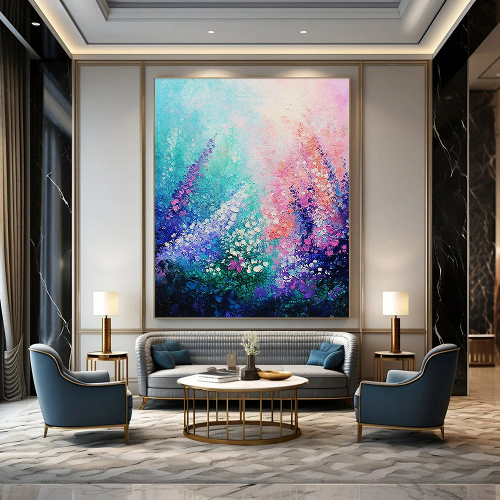 A large abstract painting of an underwater garden featuring glowing coral and vibrant flowers against a soft pastel sky in impressionist style.STSC847