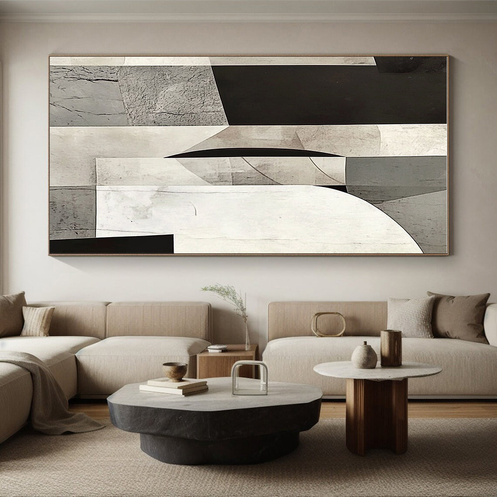 Gray and Black Geometric Collage Abstract Painting with Layered Textures GER014