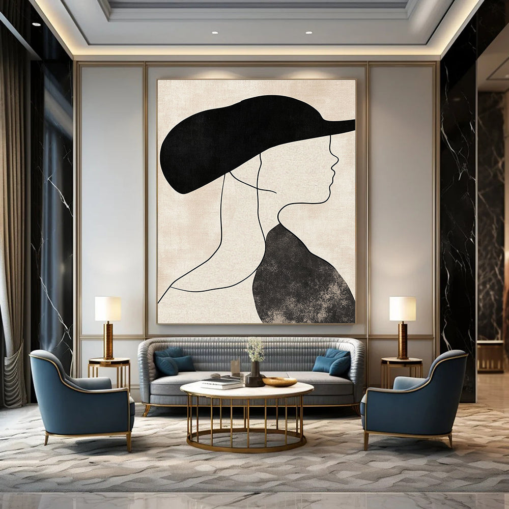 Abstract art depicting a woman's profile in a hat with neutral shapes thick lines and a beige background in black and white tones.STSC1333