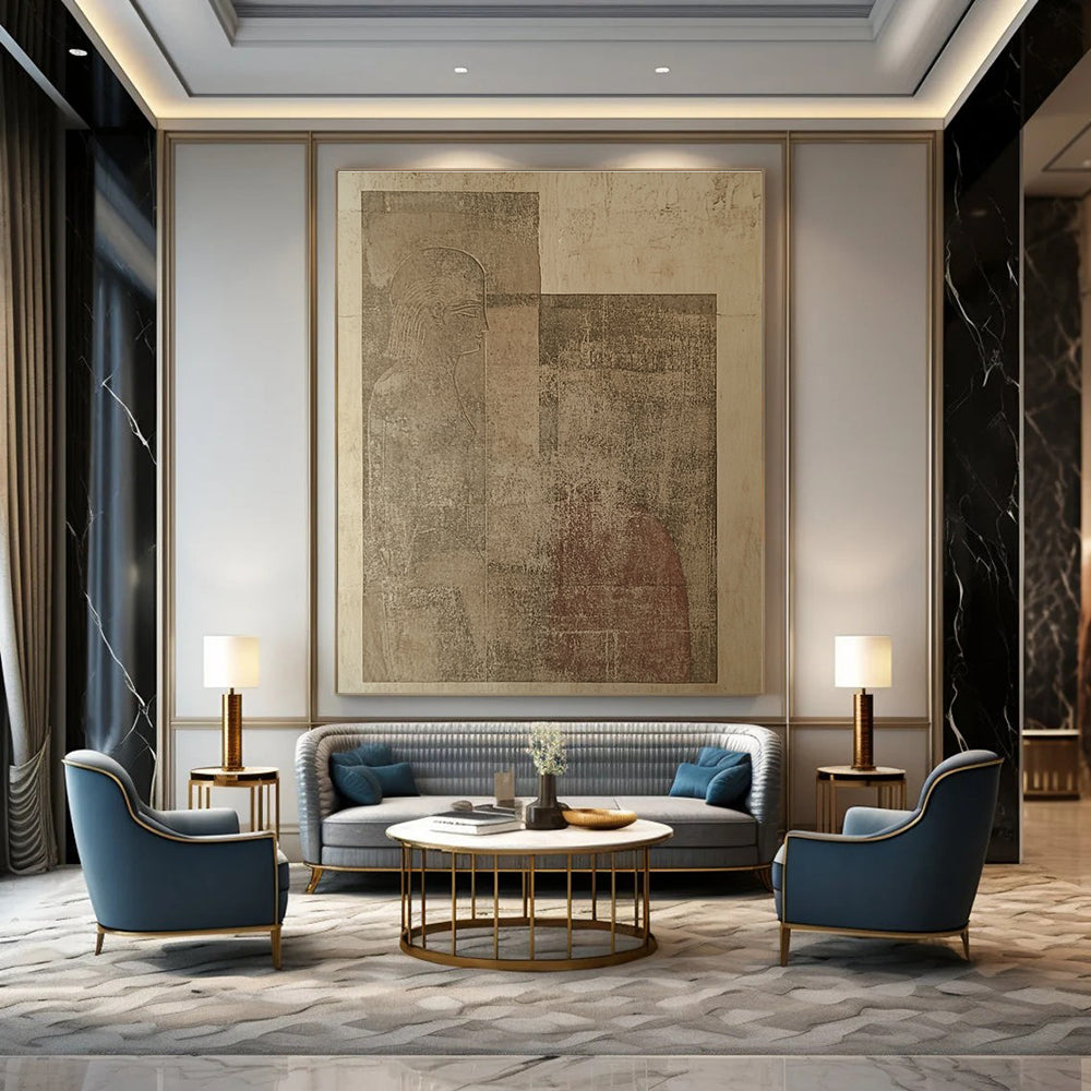 Large abstract artwork featuring ancient tablet carvings depicting two human figures against beige walls, showcasing unique artistic expression and historical intrigue.STSC1156