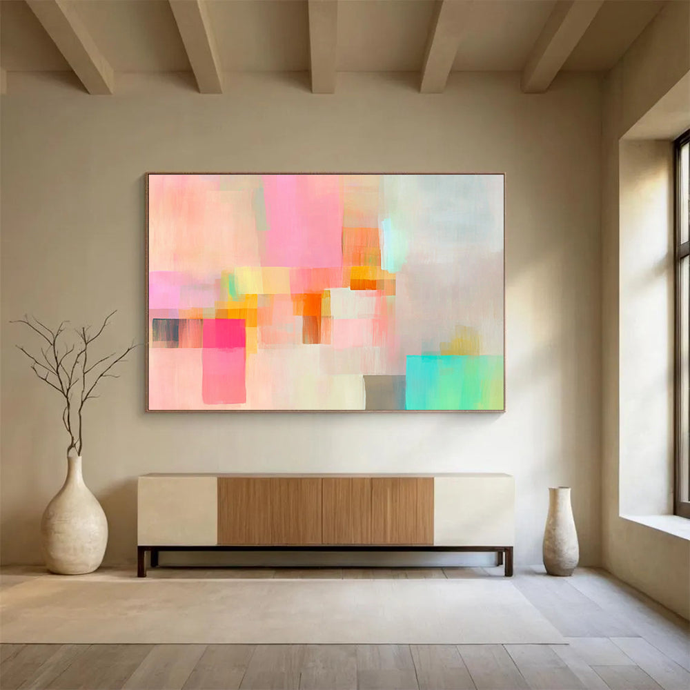An expansive abstract painting featuring soft pastel colors and fluid geometric shapes creates a dreamy atmosphere of movement and calmness.SC302
