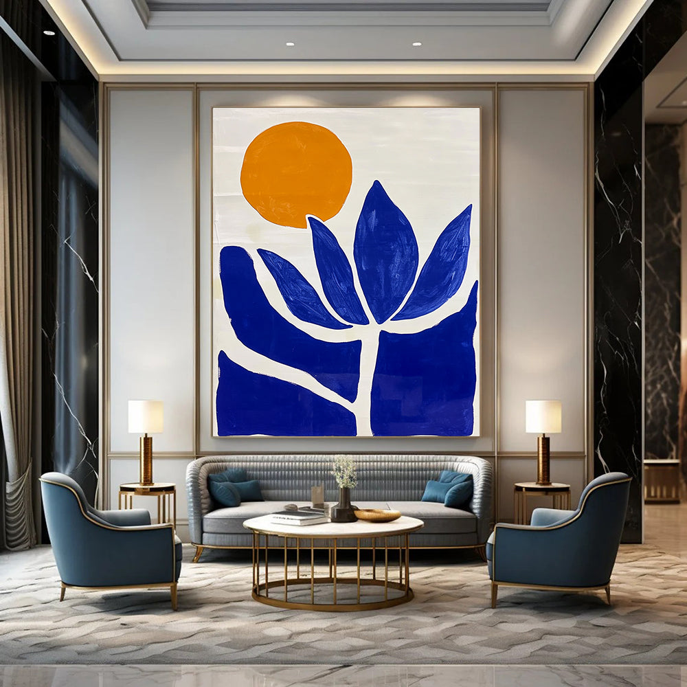 Large abstract painting featuring minimalist blue and white Matisse-inspired shapes and a vibrant orange sun with a blue lotus flower.STSC1332