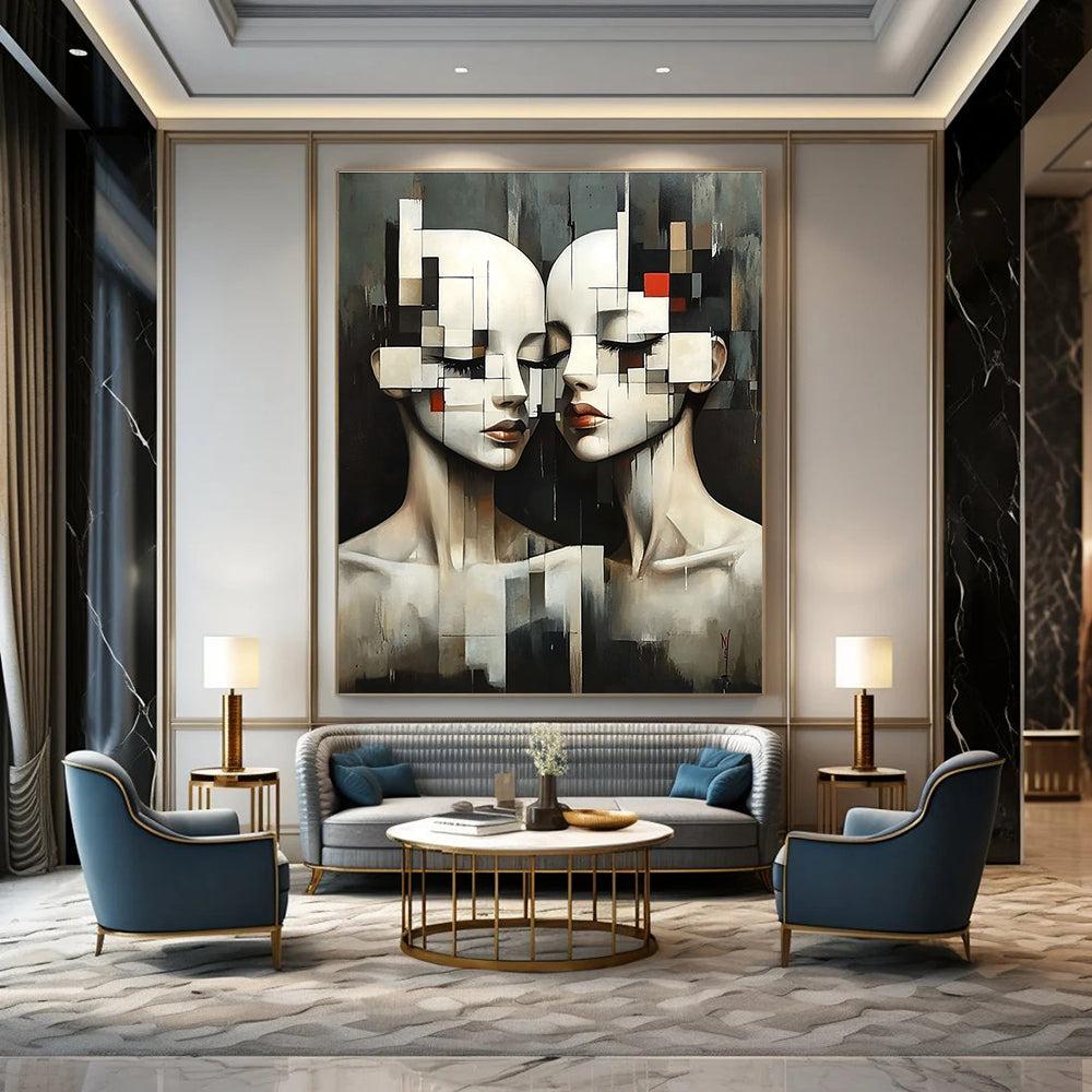 Large abstract painting featuring two female figures in geometric forms with pixelated faces and a dark background in Ismail Inceoglu's style.STSC1447