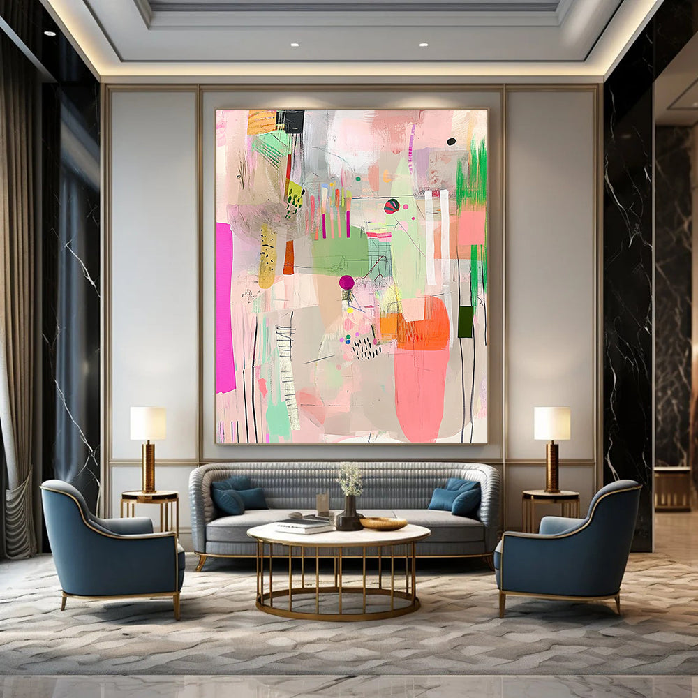 Large abstract artwork features vibrant pinks greens and yellows with playful textures patterns and a joyful sense of movement against a soft white background.STSC573