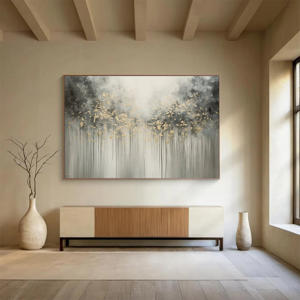 Gray Gold Drip Abstract Painting with Ethereal Tree - Like Forms THY320