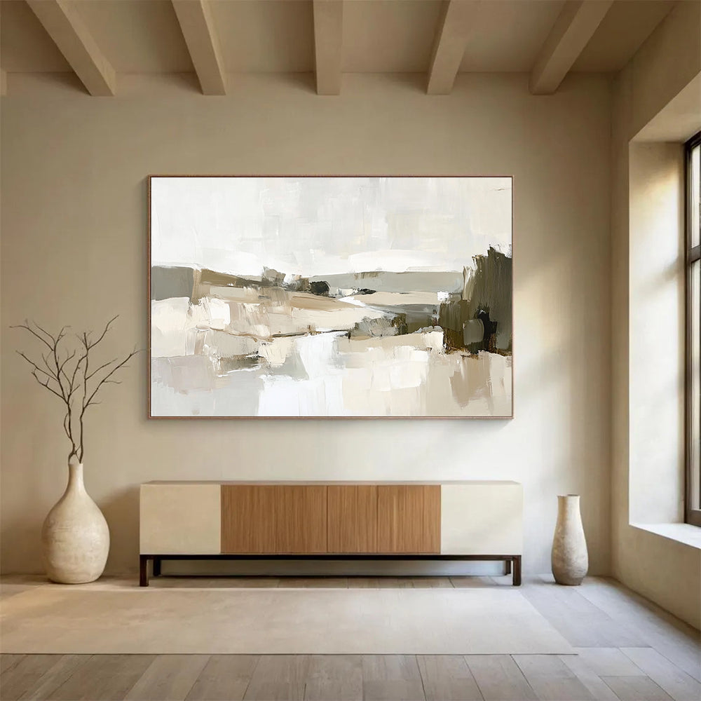 Large abstract oil painting of the French countryside with thick brush strokes depicting a river and hills in muted earth tones.SC128