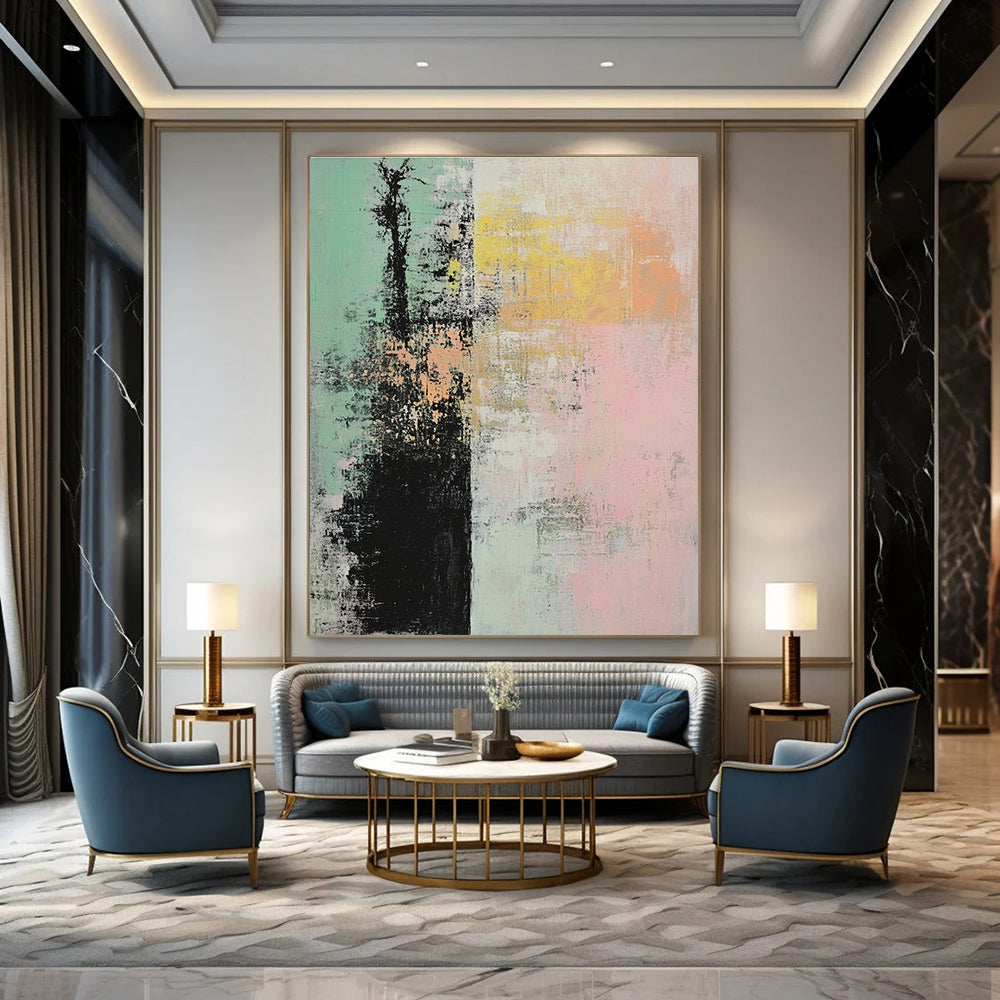 Large abstract painting featuring soft pink green and yellow hues with textured layers creating a serene tree motif against a tranquil background.STSC796