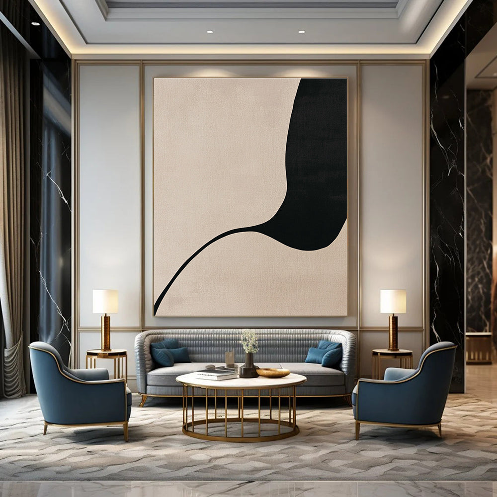A large abstract painting featuring minimalist Japandi art with body curves in black line drawing on a soothing beige background.STSC1341