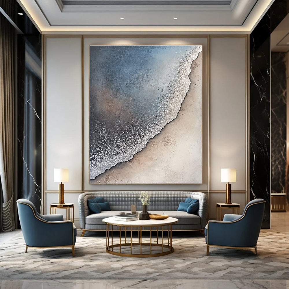 Large abstract painting of a sandy shore with gray and white textures silver dust fog creating a serene atmosphere with nature blending harmoniously.STSC256