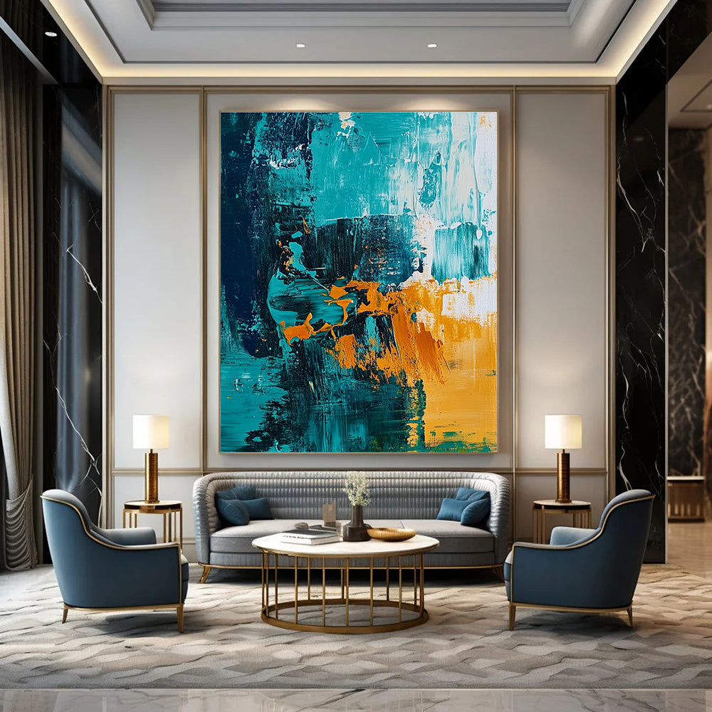 Large abstract painting of the ocean featuring teal and amber hues with expressive brush strokes for vibrant wall decor.STSC704