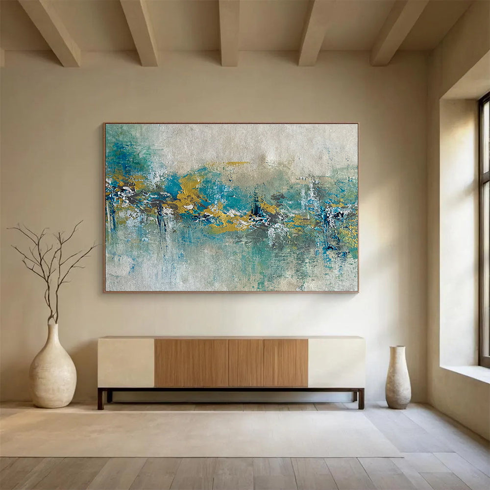 Teal Gold Abstract Painting with Nature - Inspired Shapes THY342
