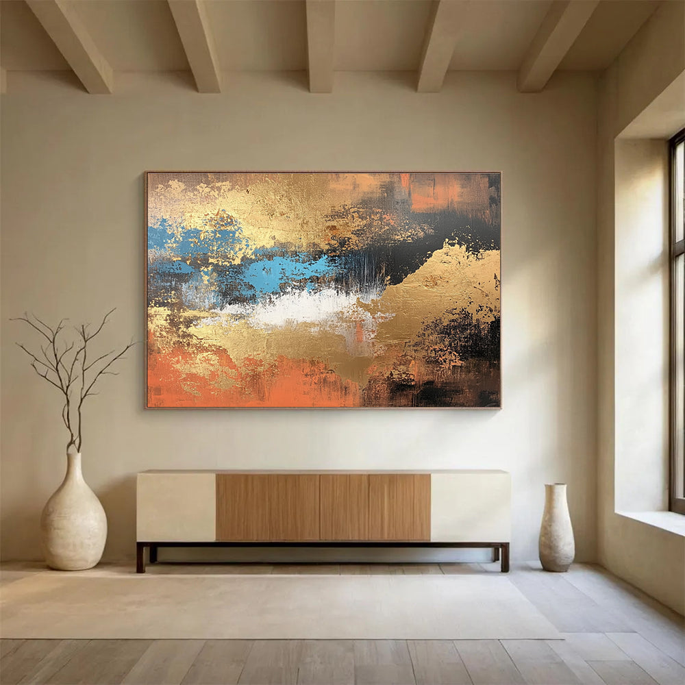 Gold Blue and Orange Abstract Painting with Rich Metallic Accents DYP251