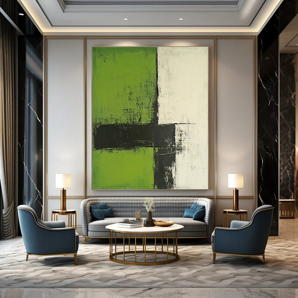 Large abstract painting with green and white colors featuring minimalist brushstrokes black lines and strong texture in a simple composition.STSC422