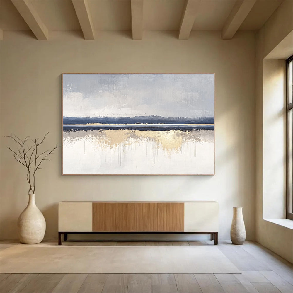 Grey Blue and Gold Landscape Abstract Painting with Reflective Details DYP199