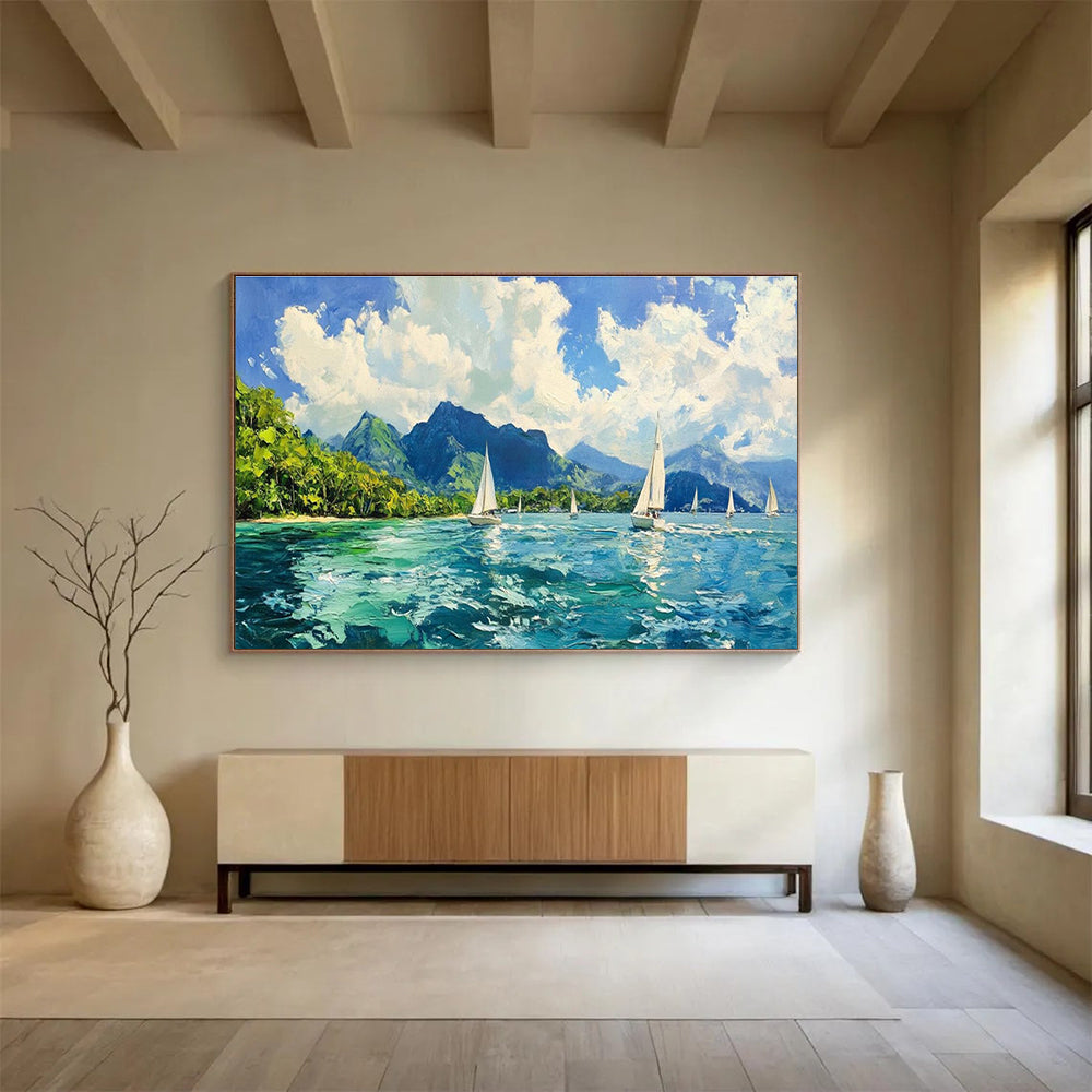 Sailing Bay Abstract Painting with Bright, Coastal Energy THY413