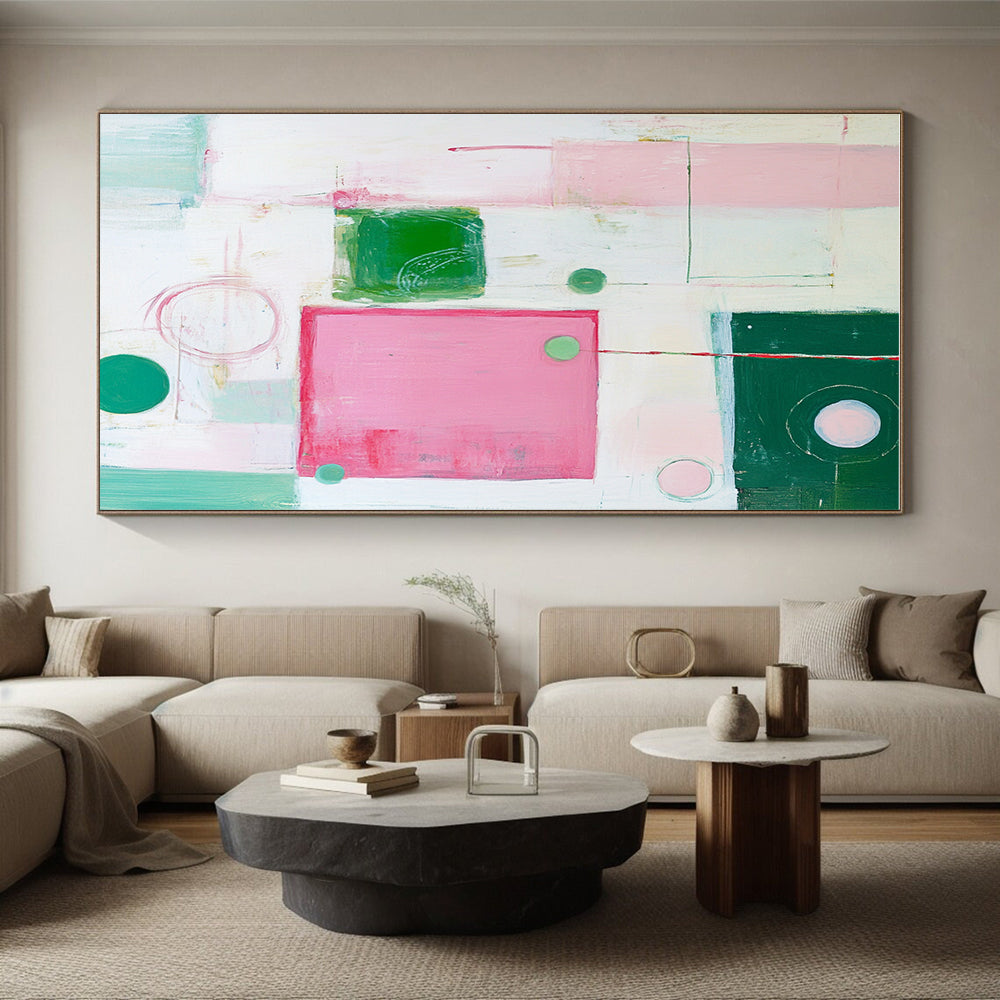 Pink Green Abstract Painting with Playful Forms GER518