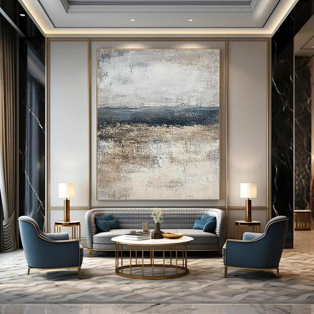 Large abstract painting of the ocean in muted gray and beige tones, featuring a calming neutral color palette that enhances any space.STSC491