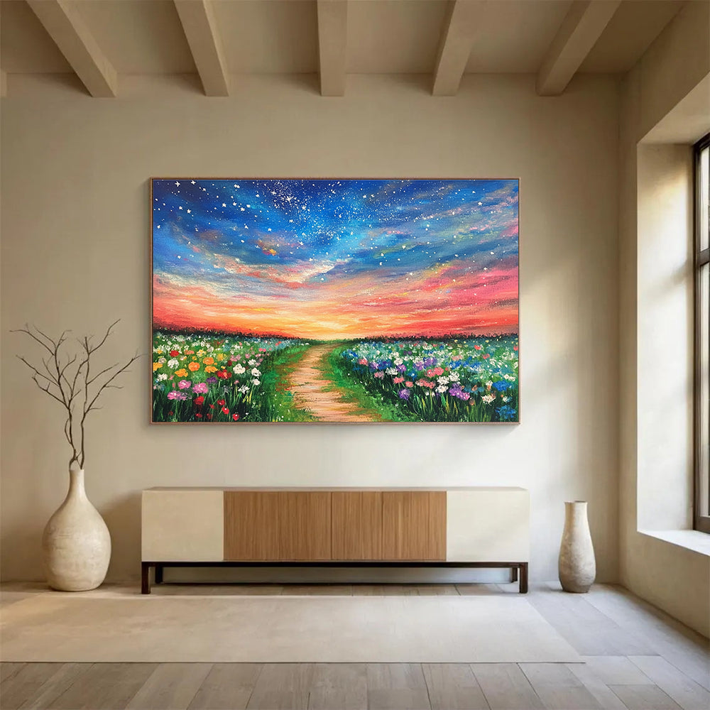 Colorful Floral Path Abstract Painting with Vibrant Sunset Hues DYP555