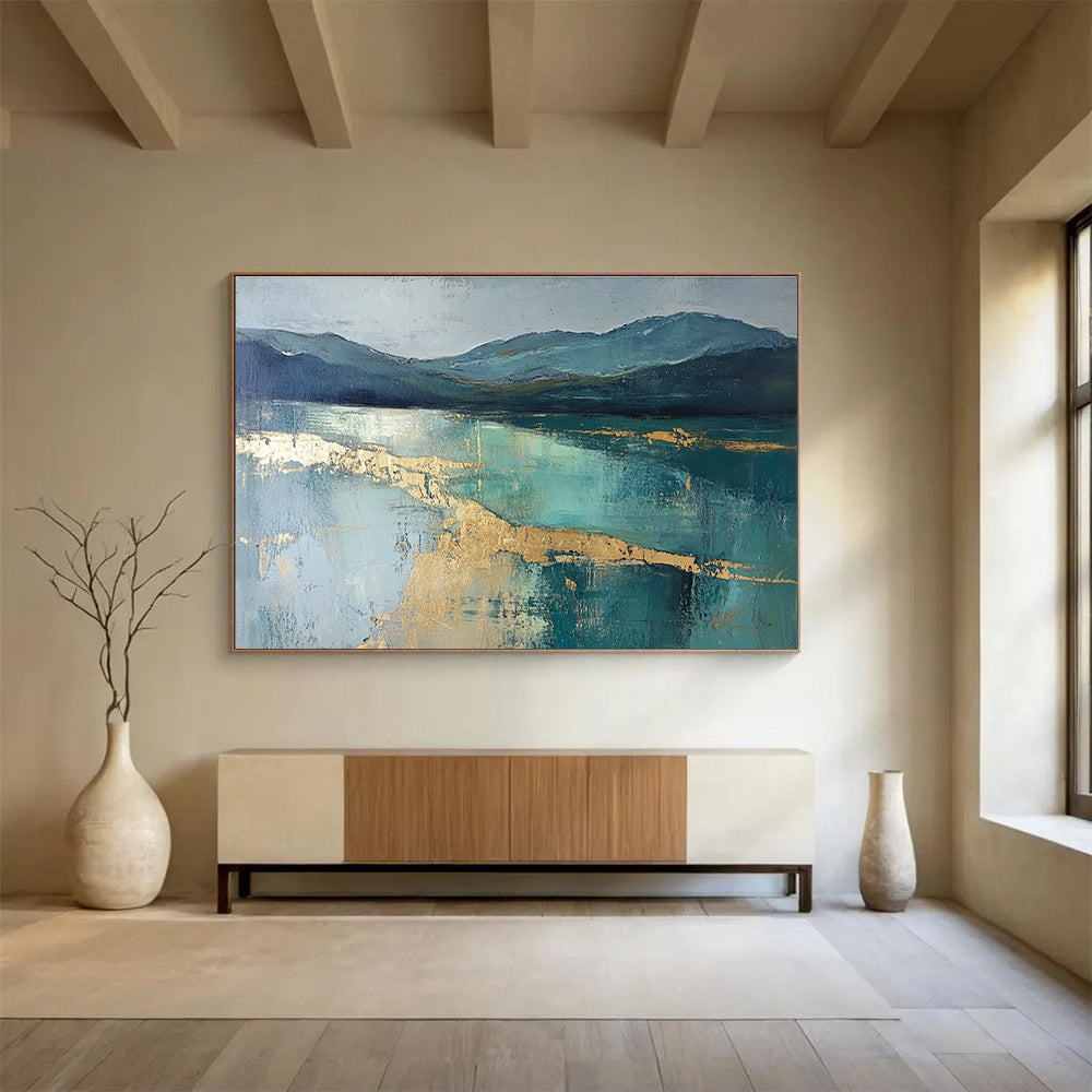 Blue Mountain Lake Gold Abstract Painting with Metallic Highlights DYP266