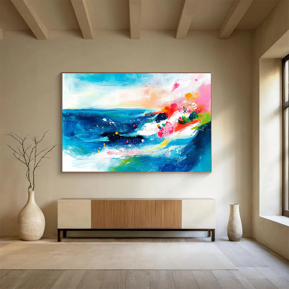 Colorful Sea Abstract Painting with Blue and Pink Hues DYP521