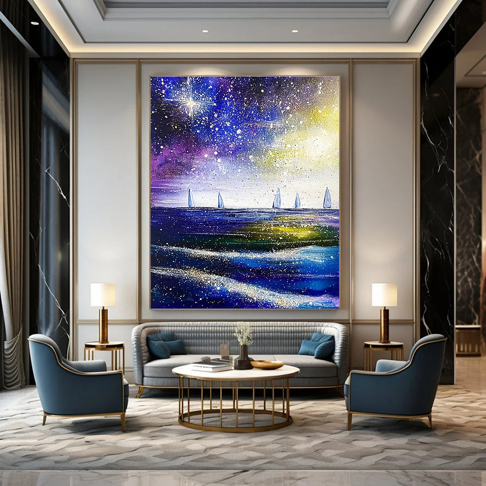 Large abstract painting of the sea and sky featuring stars and distant sailboats in vibrant shades of purple blue green and white.STSC852