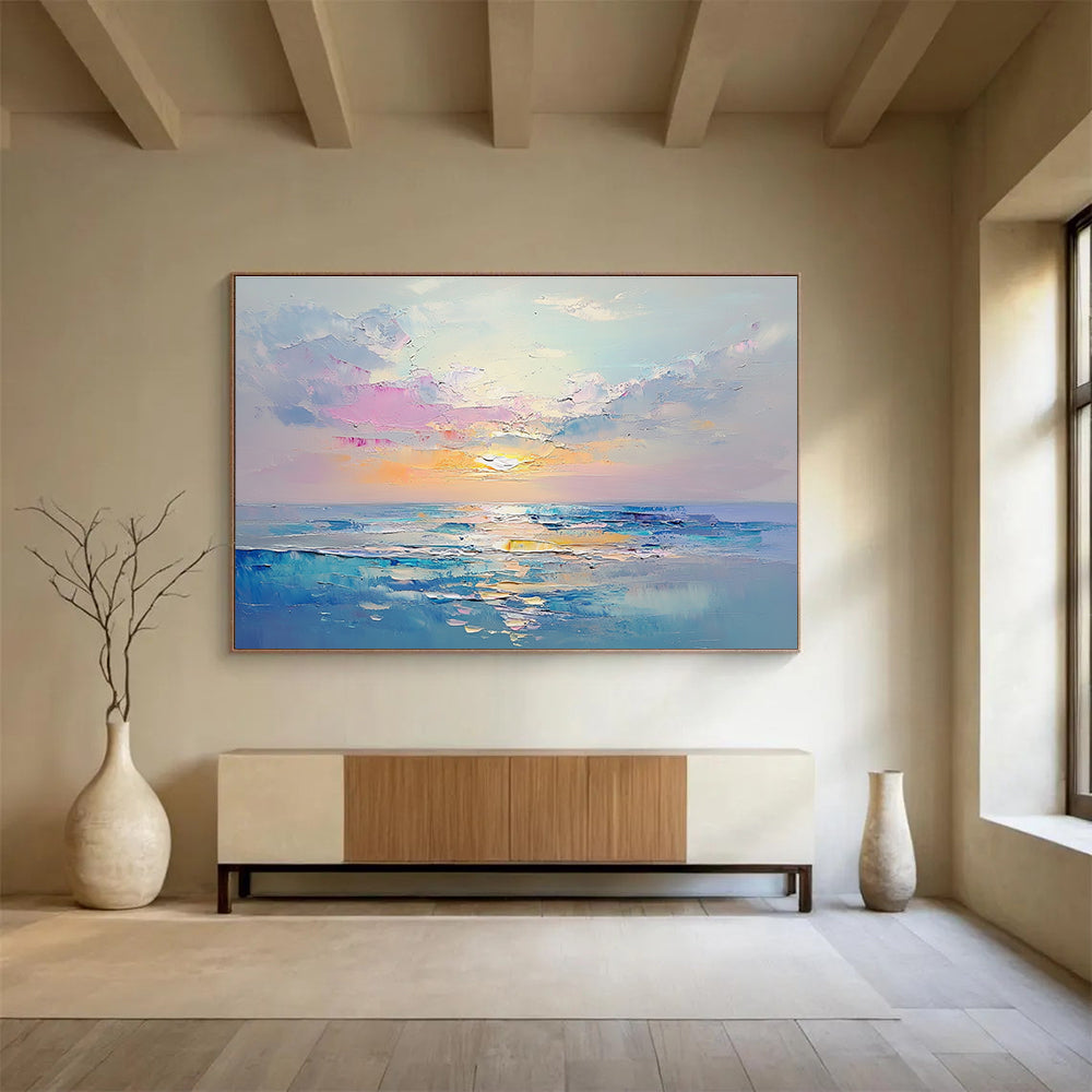 A large abstract painting capturing a tranquil sea at sunrise with pastel colors and detailed brush strokes creating a dreamy ocean landscape.SC418