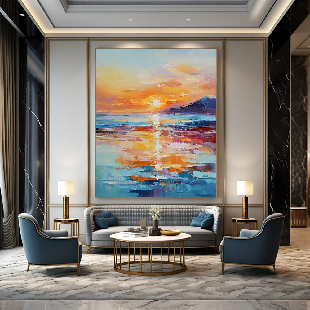 Large abstract painting of a sunset over the ocean with warm hues reflecting on the water and distant islands enhancing tranquility.STSC894