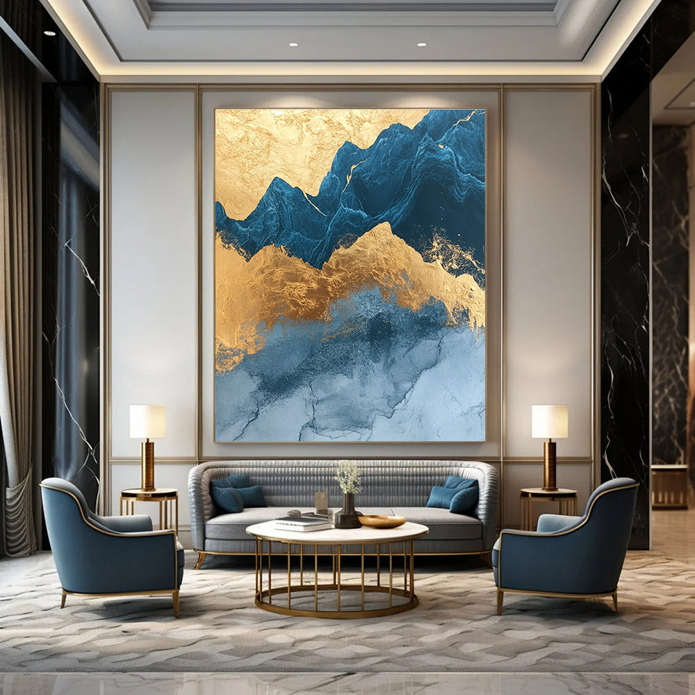 Abstract painting with marble texture rounded edges in gold foil and dark blue glass outlines featuring mountains and simple decorative lines.STSC1312