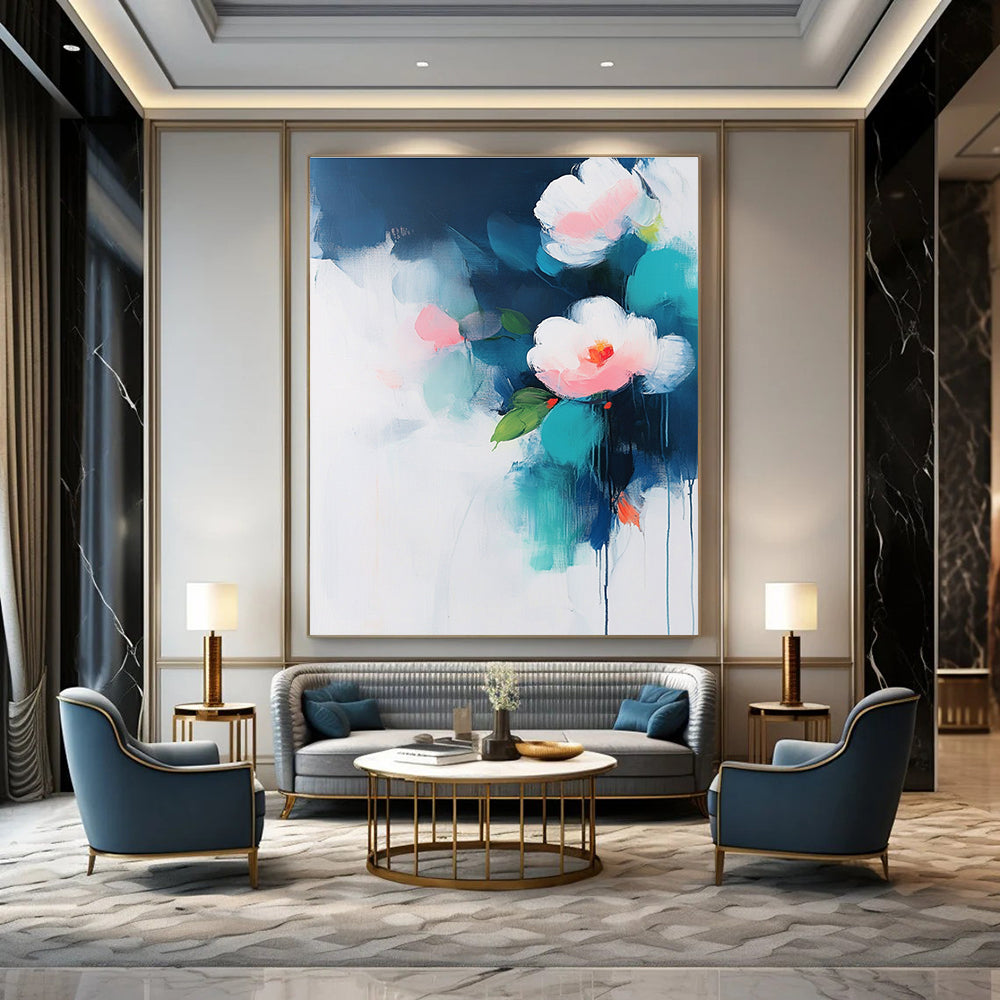 Abstract painting on a white background with teal and pink accents featuring flowers and green leaves in soft atmospheric edges.STSC375