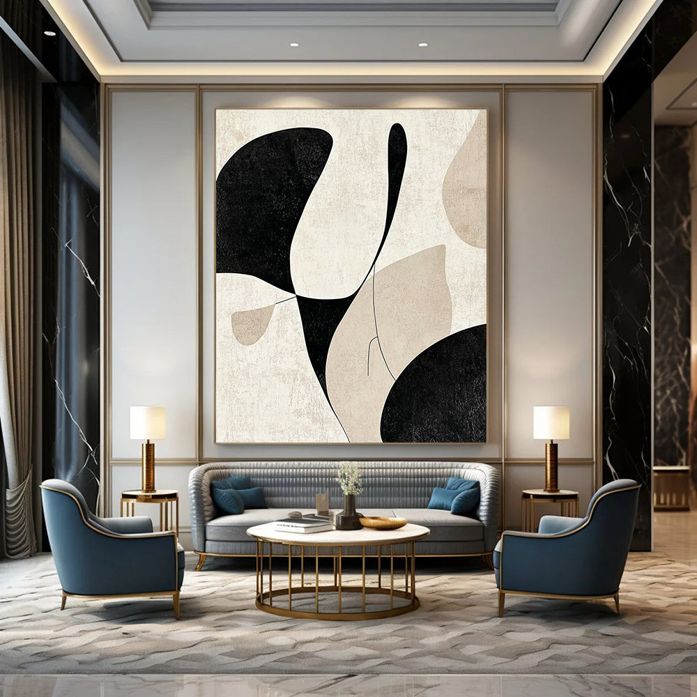 Abstract painting featuring black and beige soft lines and gentle curves creating an elegant minimalist design that highlights simplicity and form.STSC471