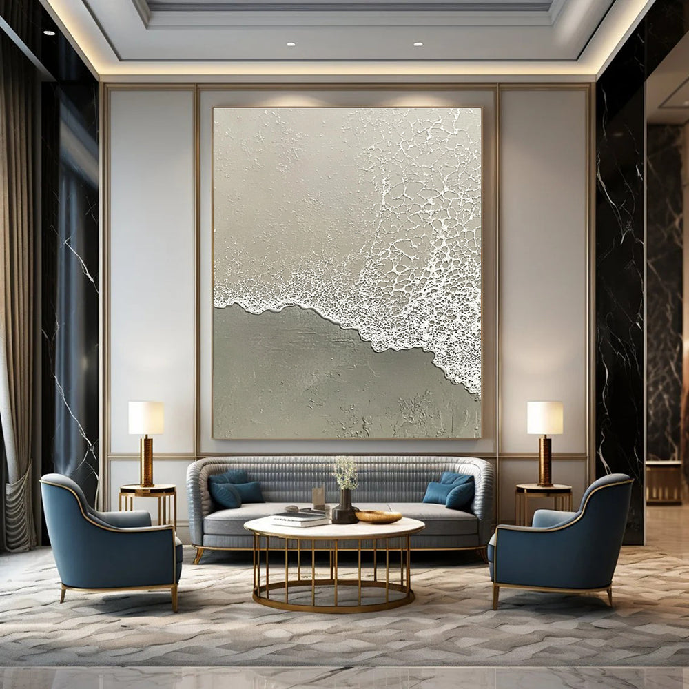 Abstract painting depicting the serene transition of water meeting sand with muted tones of grayish-white and light green.STSC955