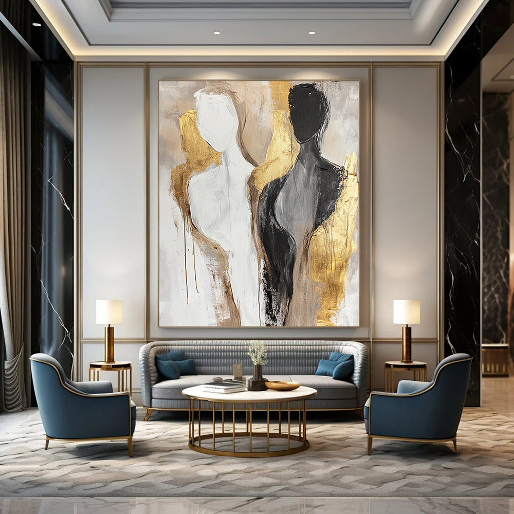 Large abstract painting featuring neutral tones and gold accents with female bodies in a minimalistic design and soft brush strokes.STSC441