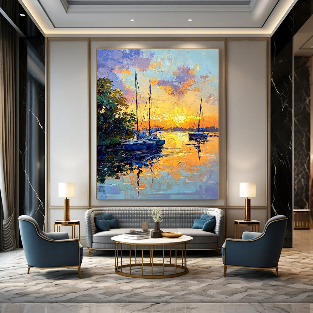Abstract painting of sailboats at sunset with vibrant colors large brush strokes and serene reflections on the riverbank surrounded by lush greenery.STSC1394
