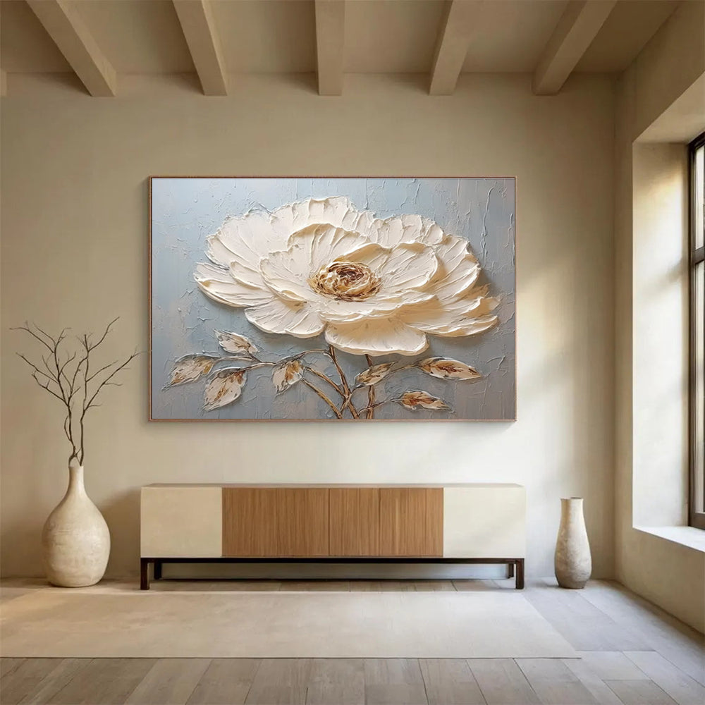 Single White Flower Abstract Painting with White, Brown, and Blue Tones THY175