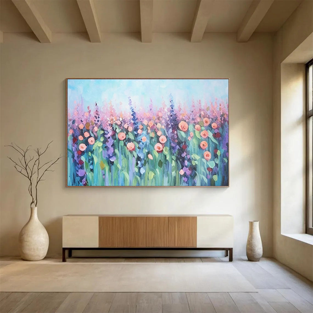 Pastel Flower Field Abstract Painting with Soft Pink and Purple Tones THY229