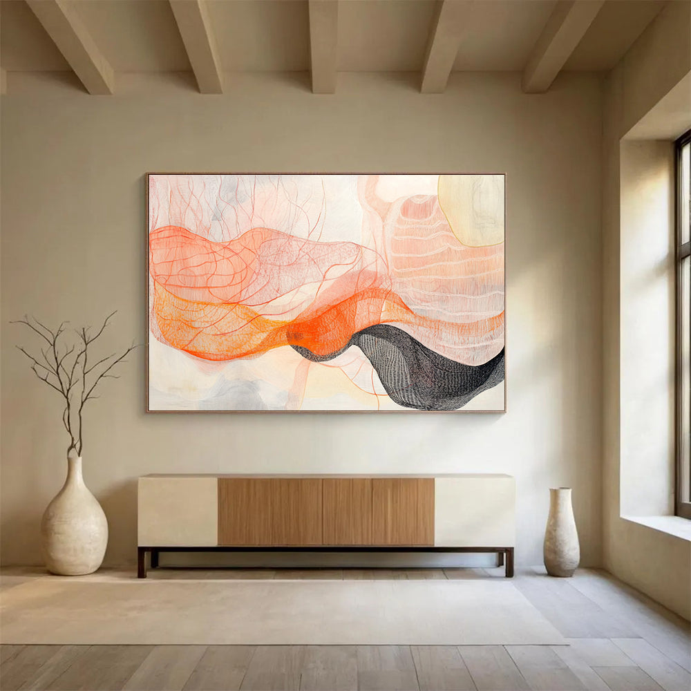 Line and Color Wave Abstract Painting with Orange and Black DYP462