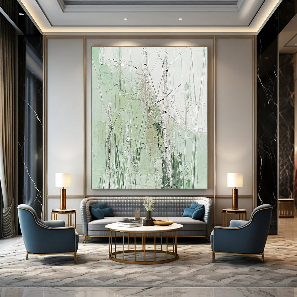 Large abstract painting featuring birch trees and grass in soft greens on a white background with fine details and impasto texture in neutral colors.STSC300