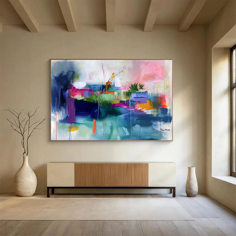 Large abstract painting featuring an island with vibrant brush strokes in pink green blue orange and more, emphasizing lively colors and fluid lines.SC372