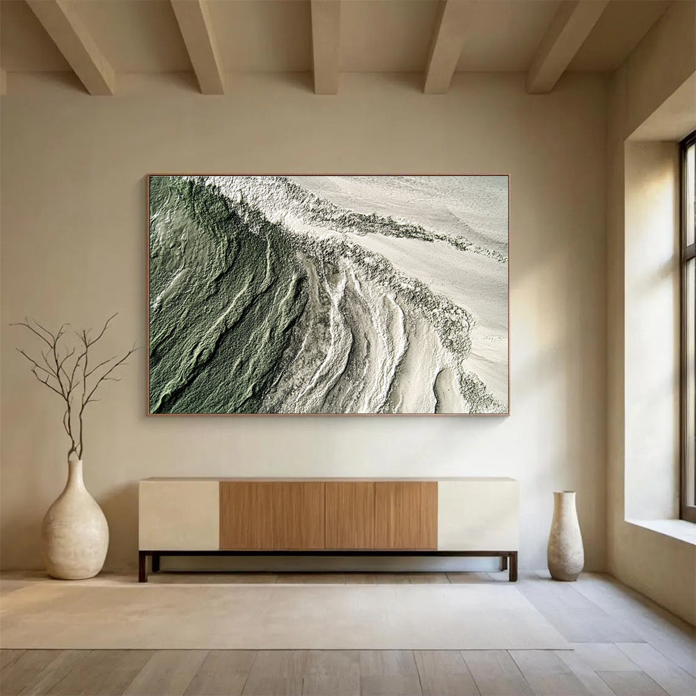Large abstract painting showcasing hyper-realistic textures of sand, sea, and moss-green and grey hues for a captivating artistic experience.SC577
